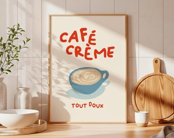 French Coffee Poster Cafe Creme Latte Print, Minimalist Kitchen Wall Art Gift