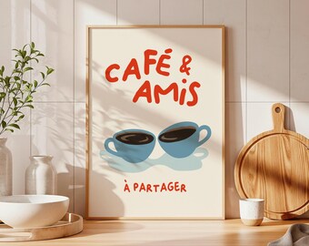 French Coffee Poster Cafe and Amis Two Cups Print, Minimalist Kitchen Wall Art