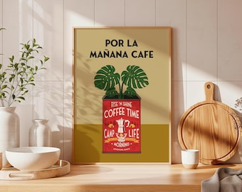 Por La Mañana Cafe Coffee Monstera Plant Red Retro Adventurous Art (Digital Download)
