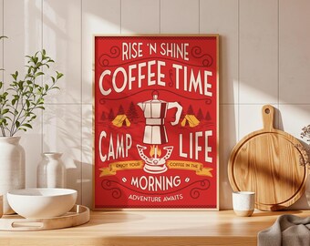 Rise Shine Coffee Time Camp Life Red Retro Adventurous Morning Art (Digital Download)