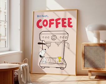 But First Coffee Snoopy Pink Minimalist Kitchen Espresso Machine Wall Art (Digital Download)