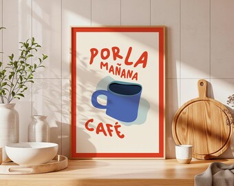 Por La Mañana Cafe Blue Mug Red Retro Spanish Kitchen Art (Digital Download)