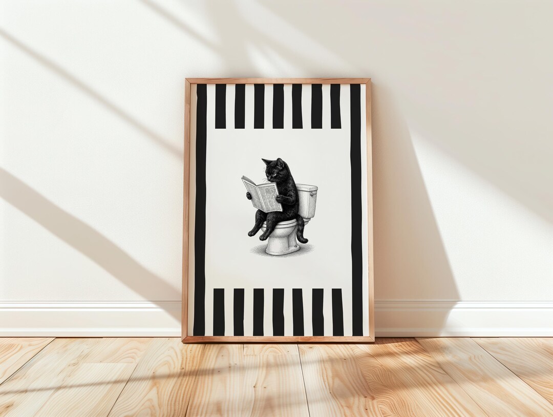 Black Cat Reading Newspaper on Toilet Vintage Sketch Quirky Bathroom ...