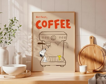 Snoopy But First Coffee Kitchen Wall Art Minimalist Tan Espresso Machine (Digital Download)