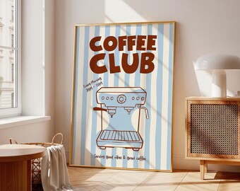 Coffee Club Espresso Machine Art Retro Blue Striped Kitchen Decor (Digital Download)