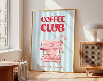 Coffee Club Striped Blue Red Espresso Machine Retro Kitchen Art (Digital Download)
