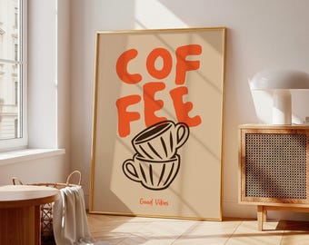Coffee Good Vibes Orange Brown Retro Bold Kitchen Art (Digital Download)