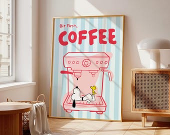 But First Coffee Snoopy Blue Striped Kitchen Wall Art Espresso Machine Poster (Digital Download)