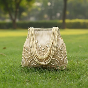 May include: A cream-coloured handbag with intricate gold embroidery and pearl accents. The bag features a beaded handle and is decorated with floral and leaf patterns. The bag is sitting on green grass.