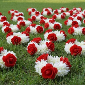 Könnte beinhalten: Eine Sammlung kreisförmiger Blumenarmbänder, die in einem Raster angeordnet sind. Jedes Armband besteht aus einem Ring aus weißen, spitzen, chrysanthemenartigen Blütenblättern, akzentuiert durch zwei leuchtend rote Rosen.