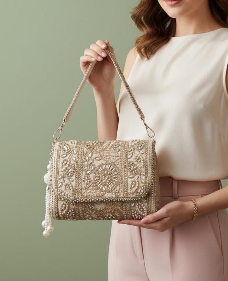 May include: A beige clutch bag with detailed beadwork and a flap. It has a beaded strap and a pearl tassel. The design incorporates floral and geometric patterns, making it a sophisticated accessory for any occasion.