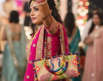 Ny Rajasthani-väska för kvinnor, handgjord tryckt kuvertväska, trendig designväska, brudkuvertväska, indisk designväska, kuvertväska, Rajasthani-väska,