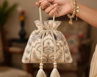 Embordered Potli Bag, Women Potli Bag, Traditional Potli Bag, Wedding Potli Bag, Silk Potli Bag, Handcrafted Potli Bag, Beads Potli Bag