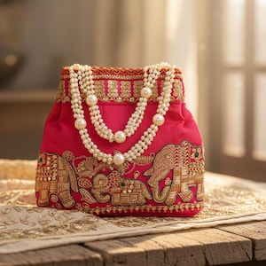 Op de afbeelding: Een felroze handtas met ingewikkelde gouden borduursels met olifantenmotieven. De tas is versierd met een parelketting en rust op een decoratieve doek. De bovenkant van de tas heeft een goud geborduurde rand.