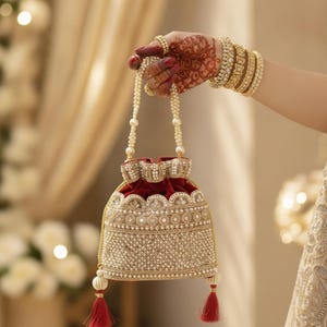May include: A drawstring pouch bag featuring a deep red velvet top and a gold-toned base heavily embellished with intricate beadwork, sequins, and faux pearls. The bag includes a pearl-beaded handle and two red tassel accents at the bottom.