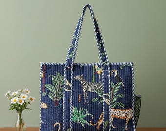 Trendig quiltad väska, Jaipur quiltad väska, handgjord quiltad väska, shoppingväska för kvinnor, handgjord väska med Jaipuri-tryck, vikbar väska med tryck,