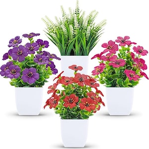 4 Pack Artificial Plants in White Pots | Small Faux Flowers for Desk Bathroom Shelf Decor | Spring Home Office Tabletop Accent