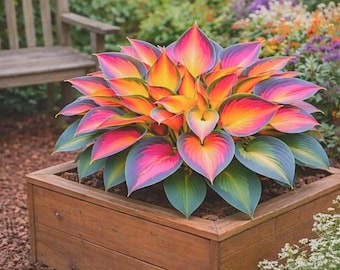 Kleurrijke hostabollen in regenboogkleuren – Elegante schaduwtuinplanten voor bloembakken en landschapsontwerpen