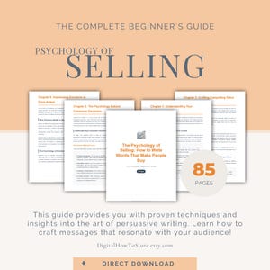 May include: A digital guide titled "The Psychology of Selling: How to Write Words That Make People Buy." The cover features a book with the title and a graphic. The guide is 85 pages and includes chapters on consumer psychology and persuasive writing.
