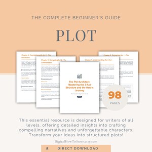 Puede incluir: Un conjunto de libros de bolsillo blancos con el título "The Plot Architect" y el texto "The Complete Beginner's Guide". El libro trata sobre el dominio de la estructura de 3 actos y el viaje del héroe. La imagen también incluye el texto "98 páginas" y "Direct Download".