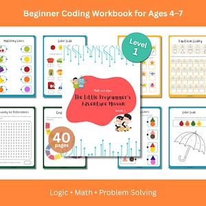 Puede incluir: Un cuaderno de trabajo de codificación para niños de 4 a 7 años. Incluye ejercicios de correspondencia de colores y rompecabezas lógicos. La portada dice "The Little Programmer's Adventure Mission". Contiene 40 páginas.