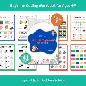 Könnte beinhalten: Ein farbenfrohes Arbeitsbuch mit dem Titel "Beginner Coding Workbook for Ages 4-7" mit verschiedenen Programmierübungen. Das Cover zeigt den Text "The Little Programmer's Adventure" und "Level 2". Das Arbeitsbuch enthält Seiten zu Schulcode, Transportcode und Farbcode.