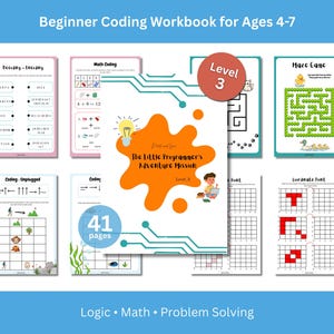 Może przedstawiać: Zeszyt ćwiczeń do kodowania dla dzieci w wieku 4-7 lat. Okładka przedstawia pomarańczową plamę z napisem "The Little Programmer's Adventure Mission". Zawiera ćwiczenia z logiki, matematyki i labiryntów. 41 stron.