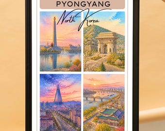 Pyongyang North Korea Travel Poster, Watercolor City Scenes, Vintage Style Decor
