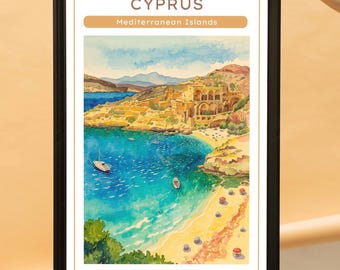 Cyprus Mediterranean Islands Travel Poster | Coastal Watercolour Wall Art Print