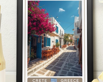 Crete Greece Travel Poster  Vibrant Bougainvillea & White Village Decor | Greek Summer Vacation Print