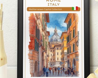 Rome Italy Travel Poster – Mediterranean Street Scene Wall Art with Classic Dome View