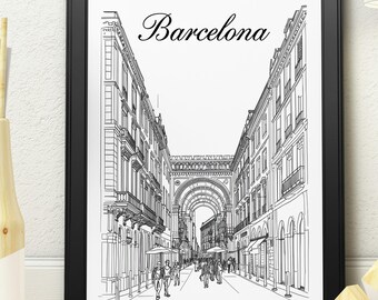Barcelona Street Line Art Print – Elegant Spanish Travel Poster