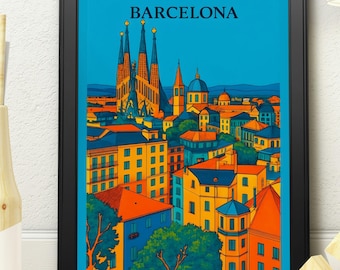 Barcelona Skyline Print – Colourful Barcelona Travel Poster with Sagrada Familia