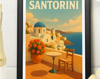 Santorini Sunset Terrace Travel Poster – Mediterranean Coastal Wall Art