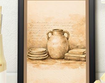 Rustic Kitchen Still Life Print – Vintage Bread & Pottery Wall Art - Brown Border