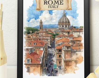 Rome Italy Vintage Travel Poster – Watercolour Cityscape with St. Peter's Basilica Dome