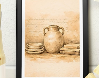 Rustic Kitchen Still Life Print – Vintage Bread & Pottery Wall Art