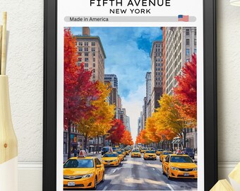 Fifth Avenue New York Autumn Travel Poster | NYC Yellow Taxi Wall Art | Fall Cityscape Print