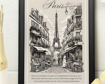Paris France Vintage Sketch Poster | Eiffel Tower Cafe Scene Art Print