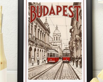 Budapest Hungary Travel Poster | Retro Red Tram Street Scene Art | Vintage European Cityscape Print