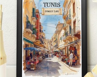 Tunis Street Life Art | Mediterranean Cityscape Watercolour Print