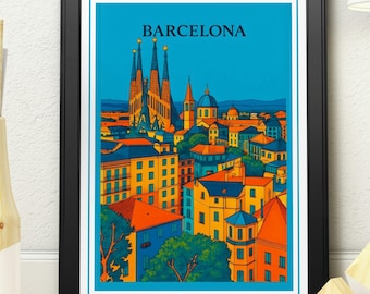 Barcelona Skyline Print with white border – Colourful Barcelona Travel Poster with Sagrada Familia