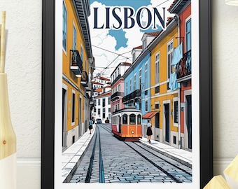 Lisbon Portugal Travel Poster | Vintage Style Portuguese Tram Street Scene Art