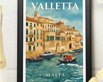 Valletta Malta Harbour Art | Vintage Travel Poster Watercolour Print