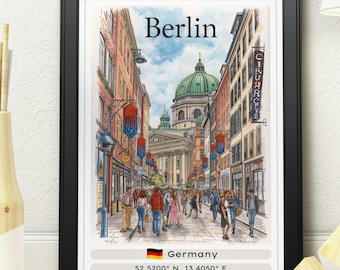 Berlin Germany Travel Poster | Vintage Watercolour Street Scene Art | Berlin Cathedral Heritage Cityscape Print
