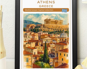 Athens Greece Travel Poster – Mediterranean Cityscape Wall Art with Acropolis & Parthenon