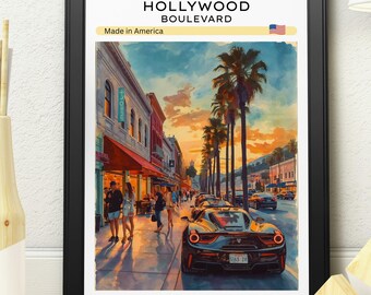 Golden Hour on Hollywood Boulevard Travel Poster | Vintage-Style Watercolour Art Print