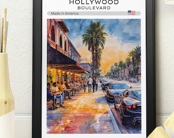 Hollywood Boulevard Wall Art Print, Los Angeles Street Scene Watercolour Travel Poster