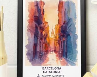 Sunlit Barcelona Alley Watercolour Print | Catalonia Travel Poster | Mediterranean Street Art Decor