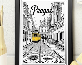 Prague Tram Art Print – Black & White City Poster with Yellow Tram Accent